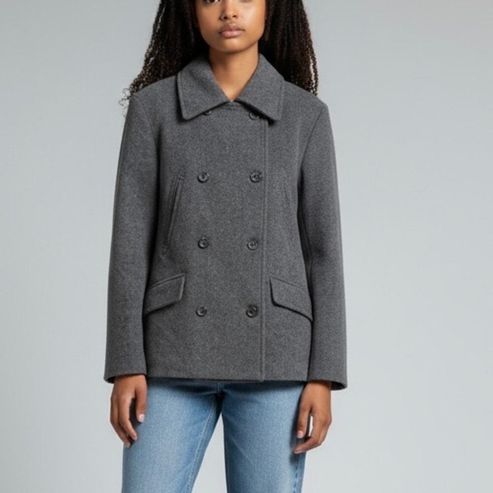 J Crew Pea Coat Jacket Charcoal Gray Wool Double Breasted Pockets Size Small